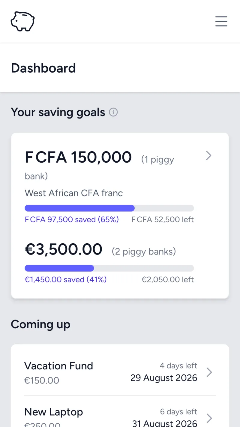 The Akluma dashboard with savings goals by currency and the next saving days