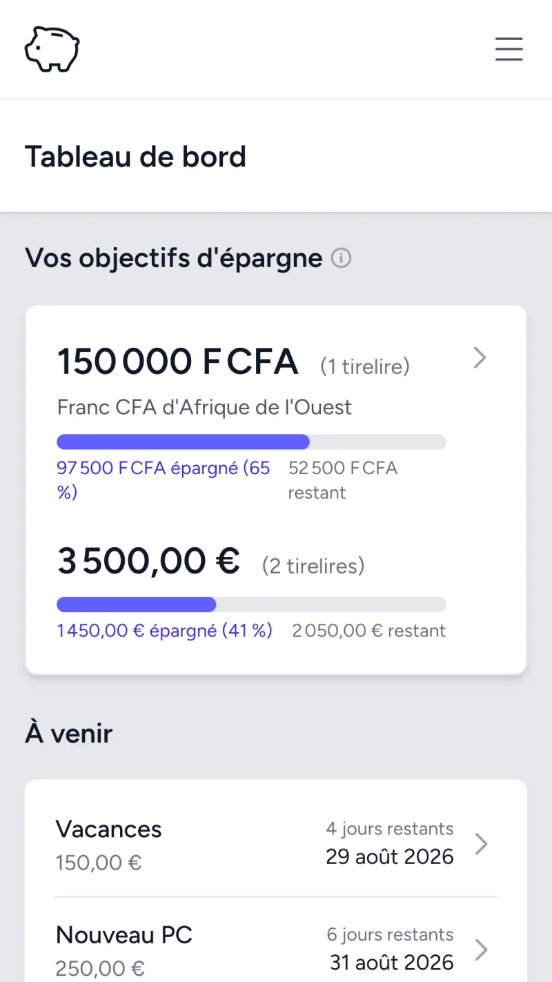 Le tableau de bord Akluma avec les objectifs d'épargne par devise et les prochaines échéances