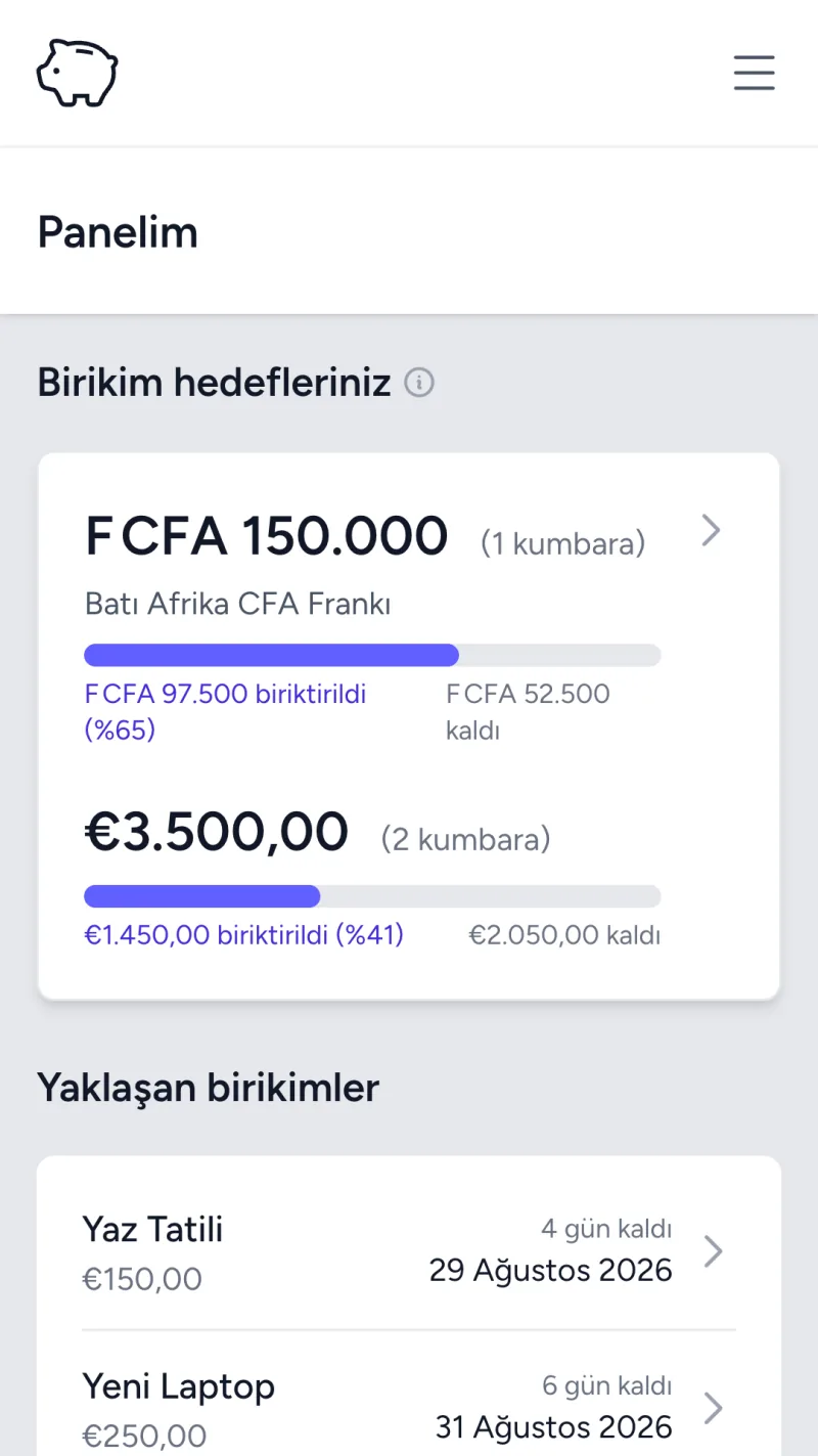Akluma panelinde para birimine göre birikim hedefleri ve yaklaşan birikim günleri