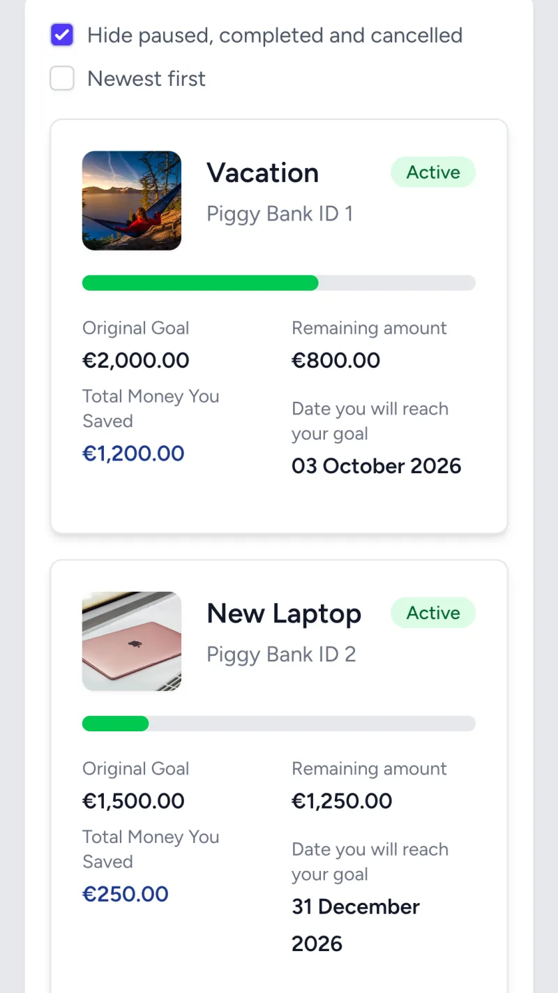 A list of piggy banks with progress, amount saved and goal date