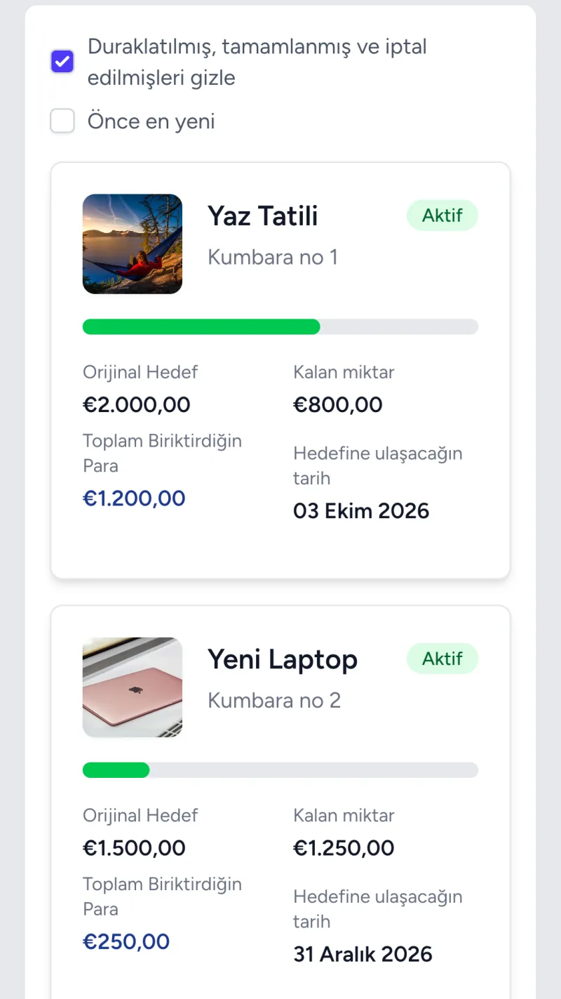 İlerleme, biriken tutar ve hedef tarihiyle kumbara listesi