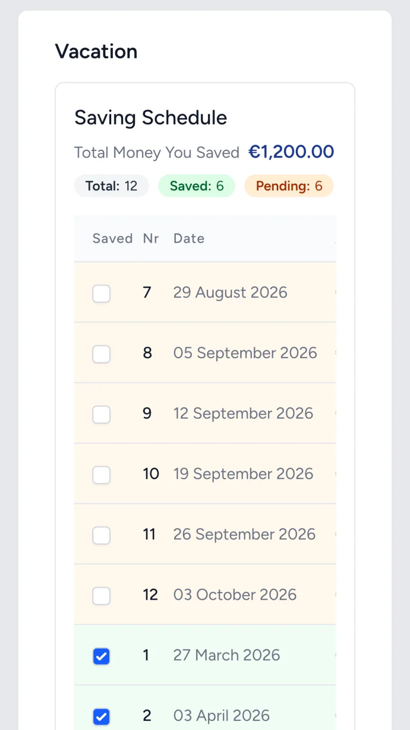 A saving schedule with each saving day and a box to mark it saved